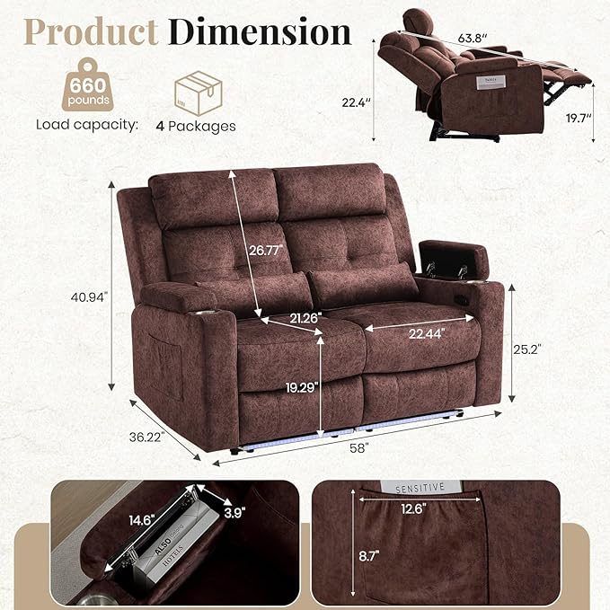 Power Reclining Loveseat Sofa Velvet Loveseat Recliner Sofa Couch with LED Light//Hidden StorageRV Wall Hugger Double Recliner for Living Room (Brown No Console) | LED Light Hidden Storage