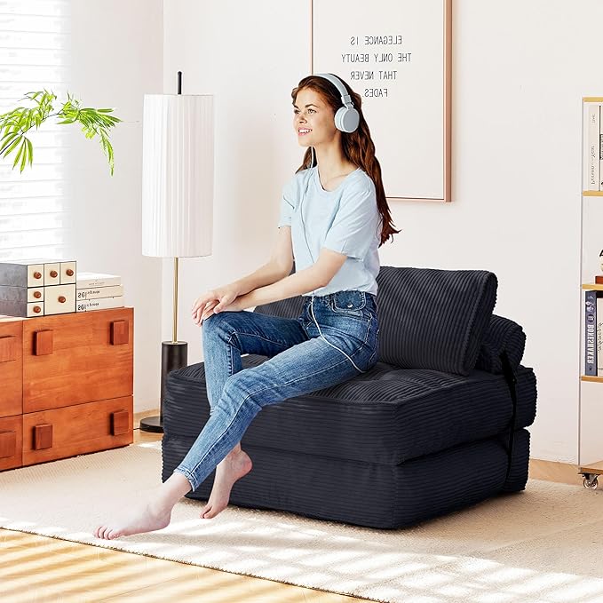 HOMREST Folding Sofa Bed Convertible Sleeping Chair with Backrest Support and Soft Corduroy FabricFold Couch Bed with Pillow for Small Spaces/Living Room/Bedroom/Apartment Single SizeBlack
