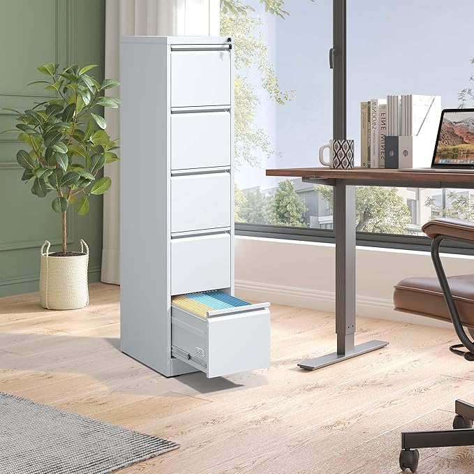 5 Drawer Small File Cabinet with Lock Under Desk Locking Storage Cabinet Organizer Filing Cabinets for Home OfficeWhite