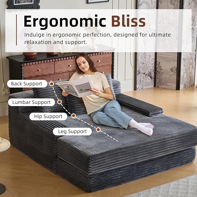 67'' Chaise Lounge Chair Indoor Oversized Upholstered Sofa Bed Modern Deep Seat Sofa Comfy Corduroy Sleeper Couch for LivingroomBedroomNo Assembly (Grey)