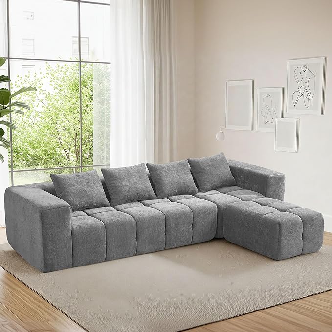 119 Oversized Cloud Boneless Couches for Living Room Modern Tufted Modular Sectional Sofa with Deep Seat &amp Movable Ottoman L Shaped Memory Foam Chenille Couch No Assembly Required Light Grey