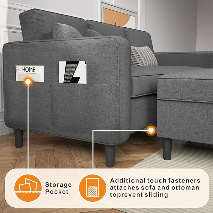 Sectional Sofa Couches for Living Room 78'' Dark Grey 3 Seater L-Shaped Couch with Storage Ottoman Comfy Fabric Convertible Sectionals Sofas with Chaise for Apartment Office Small Space