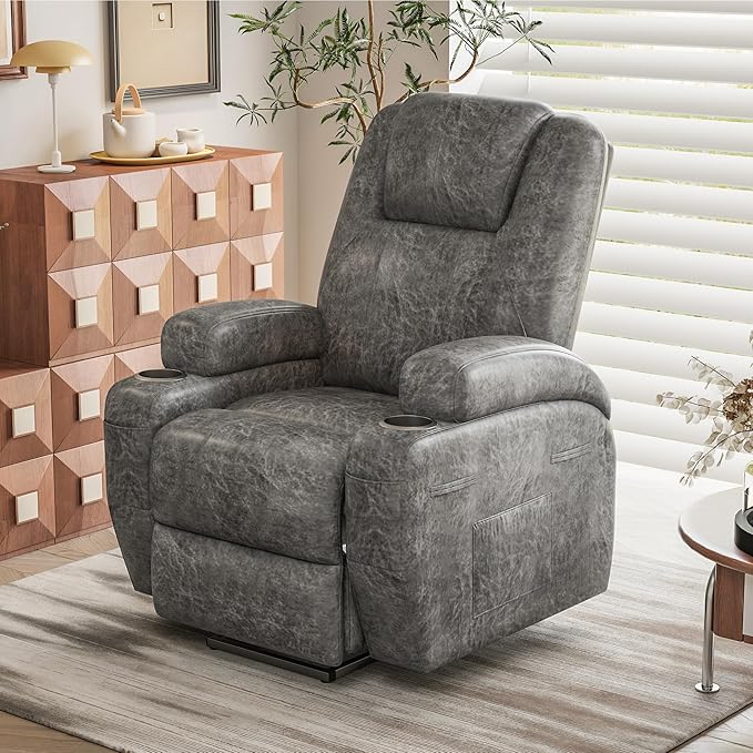 Electric Power Lift Recliner Chair with Massage for Elderly Corduroy Fabric Recliner Single Sofa with Cup Holders Side Pockets and Remote Control for Living Room Bedroom (Leathaire Light Gray)