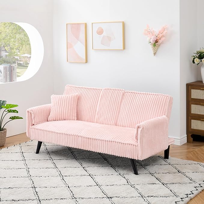 72 Modern Corduroy Sofa Bed FutonConvertible Sleeper Couch Bed with Cup Holder4 Reclining PositionsFolding Sofa Cloud Loveseat for Small Living Room Apartment Office (Pink-New)
