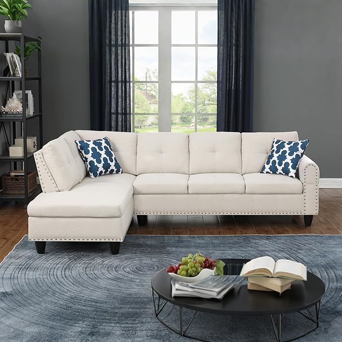 Ball &amp Cast 98 L Shaped Sectional Couch with Chaise Linen Upholstered Modular Sectional Sofa with Pillows and Cup Holders5 Seater Comfy SofaNailhead Trim Designfor Living RoomApartmentBeige