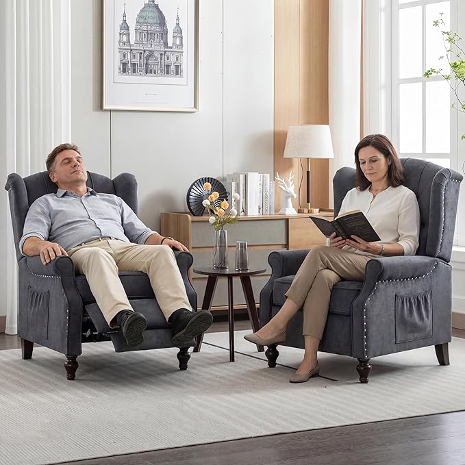 BINGTOO Push Back Recliner Chair with Massage and Heat Mid Century Tufted Fabric Wingback Chair with Rivet Decoration for Living Room Bedroom Gray 1 Chair