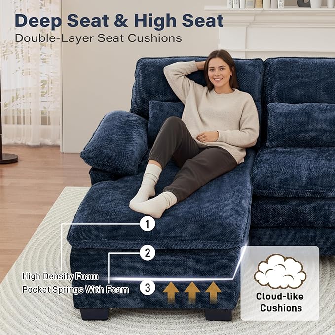 OUYESSIR 114 U Shape Sectional Cloud Couch with OttomanFluffy Sectional Couches for Living Room4 Seater Modular Sectionals SofaComfy Cloud Sofas &amp Couches with 4 PillowsNavy Blue