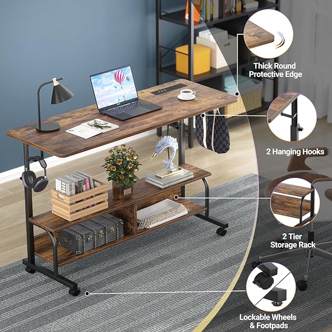 Armocity Rolling Standing Desk with Power Outlets 47 Manual Height Adjustable Mobile Computer Desk with Wheels Portable Sit Stand Laptop Couch Table for Bed &amp Sofa Home Office Rustic Brown