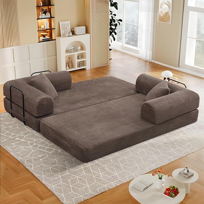 78 Convertible Sleeper Sofa Bed with Cylindrical Pillow Corduroy Folding Mattress Couch with Fixed Frame Floor Sofa Lounge Couch for Living Room Bedroom Apartment Brown