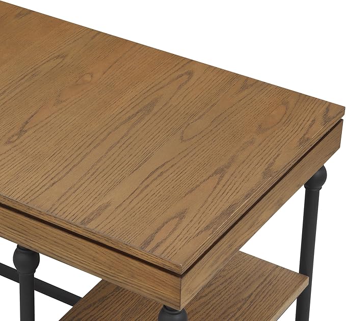 24/7 Shop at Home Monier Farmhouse Metal 2 Shelves Corner Computer Desk with USB Port Power Outlet 1 Drawer for Workstation Home Office Study Room Oak Brown