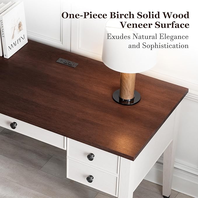 EUREKA ERGONOMIC Farmhouse Writing Desk 55 Executive Office Desk with 3 DrawersKeyboard TrayMid-Century Modern Computer Desk w Solid Wood LegsBirch FinishAntique White
