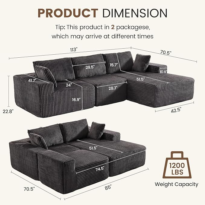 Apicizon 113 Boneless Sectional Sofa Couch for Living Room L-Shape Modular Boneless Sectional Couches Sofa Bed with Chaise Longue for ApartmentNo Assembly Required (Stripe Corduroy Gray)