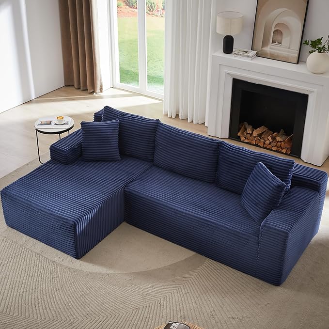 103 L-Shape Cloud Couch with Chaise Upholstered Corduroy Modular Sectional Sofa Deep Seat Couch with Free Combination for Living Room &amp ApartmentNo Assembly Required(BlueLeft Facing Chaise)