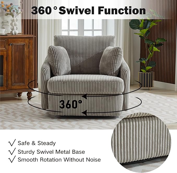 Chifee &amp Vingol 40.6 Oversized Swivel Accent Chair with OttomanCorduroyGray