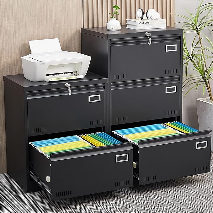 2 Drawer Metal Lateral File Cabinet with Lock Office Vertical File Cabinet for Home Office Legal/Letter/A4 Size Locking Metal File Cabinet Assembly Required Storage Drawers (Black)
