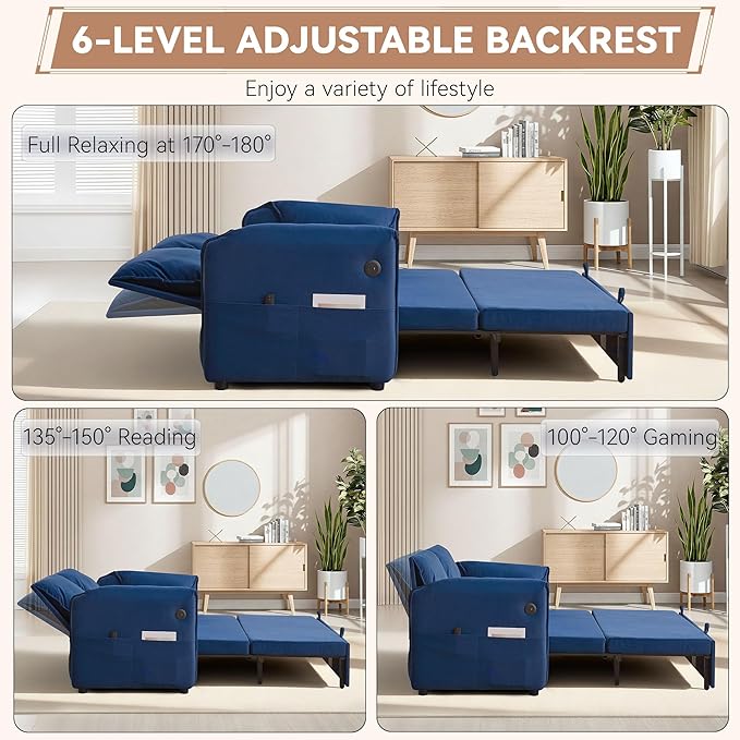 63 Velvet 3 in 1 Convertible Sleeper Sofa Bed Pull Out Couch Bed Loveseat with Adjustable Backrest Chaise Lounge USB Port &amp Side Pocket Modern Sofa for Living Room Small Spaces Blue