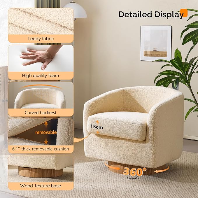 VINGLI 360°Swivel Accent Chair with Engineered Wood Base and Removable Cushion for Living Room Bedroom Curved Back Barrel Chair for Small Space Upholstered Bucket Armchair Teddy Khaki