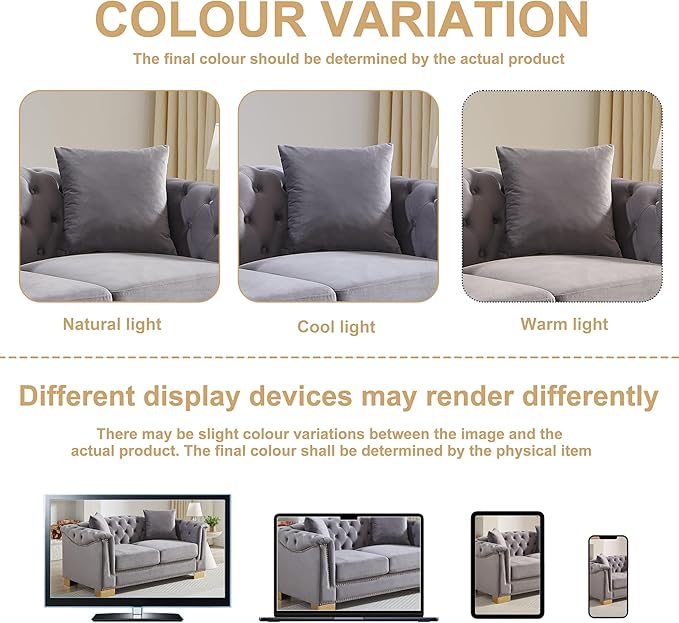 62 Chesterfield Loveseat Grey Velvet Combination Sofa 2 Cushion Classic 6.5 Rolled Arm Modern Couch Suitable for Living Room