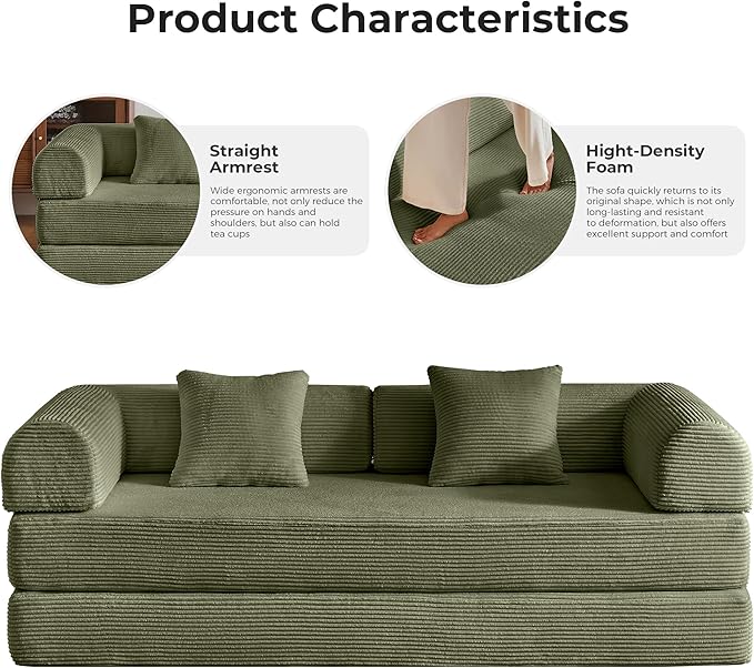 5-in-1 Convertible Sofa Bed | 79 Modular Sleeper with High-Resilience Foam &amp Fixed Frame No Assembly | Corduroy Fabric Ideal for Small Spaces Studio (Light Green)