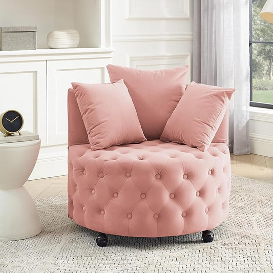 GNIXUU Swivel Barrel Accent Chair 30” Modern Velvet Round Sofa Chair with 3 Pillows and Wheels Comfy Tufted Club Lounge Chair for Living Room Bedroom(Pink).