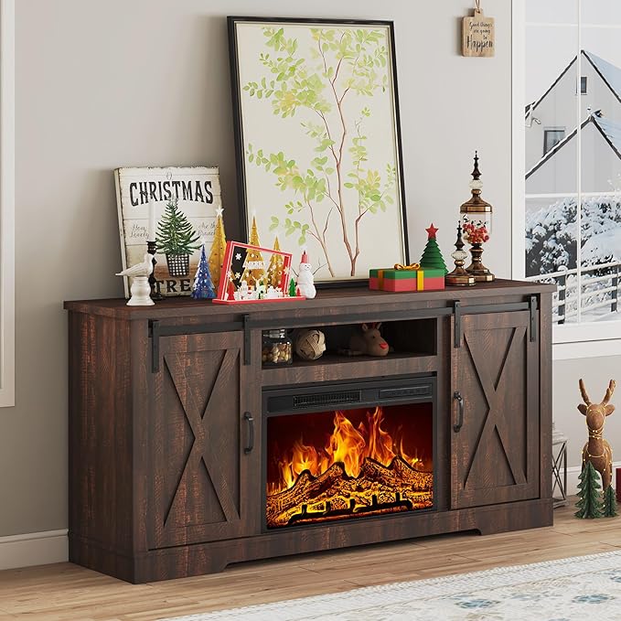 AMERLIFE Fireplace TV Stand with Sliding Barn Door for TVs up to 73 Farmhouse 63 Fireplace Entertainment Center with Storage Cabinets/Adjustable Shelves Reclaimed Barnwood