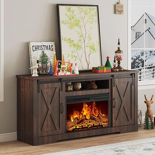 AMERLIFE Fireplace TV Stand with Sliding Barn Door for TVs up to 73 Farmhouse 63 Fireplace Entertainment Center with Storage Cabinets/Adjustable Shelves Reclaimed Barnwood
