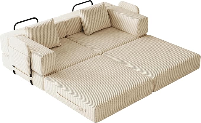 KEIKI 72.4'' Convertible Sofa Bed 2 Seat Corduroy Fabric Sofa with Two Side Storage Pockets and Two Cushions Comfortable Folding Sleeper Carpeted Couch for Living Room Bedroom and Study Beige