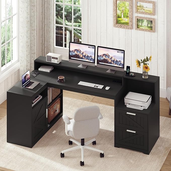 TVU Farmhouse L Shaped Desk with Drawers 62.2 Home Office Desk with Storage Shelves and Power Outlet L Shaped Computer Desk with Monitor Stand and Printer Shelf Black