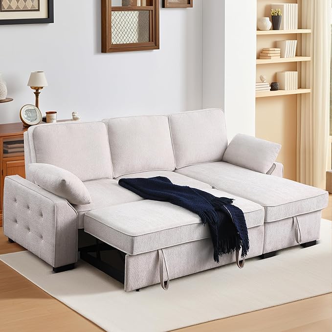 ERYE L-Shaped Pull Out Sleeper Couch Bed Modern Chenille Upholstered Button Tufted Corner Couch Reversible Sectional Sleeper Sofa Bed W/Storage Chaise Cup Holders