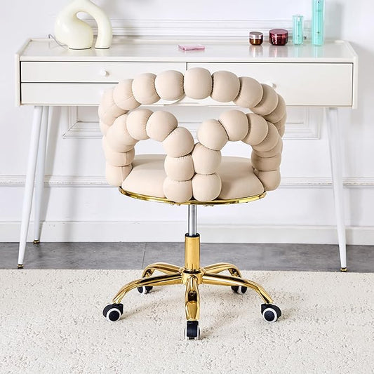 Home Chair Swivel Velvet Desk Chair Upholstered Accent Chairs with Gold Base for Girls Women Study Seat Caterpillar Computer Stools for Living Room(Cream)