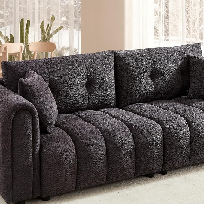 Mid Century Modern Boucle Sofas for Living Room 3 Seater Couch with Deep Seat Comfy Sherpa Cloud Couch Oversized Loveseat for Apartment Bedroom Home Office 91.5 Inch Dark Grey
