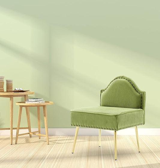Modern Upholstered Pleated Velvet Accent Chair Tufted Dining Office Chairs Armless Slipper Chair Mid-Century Side Chair Single Luxury Sofa Chair with Golden Legs for Living Room Small SpaceGreen