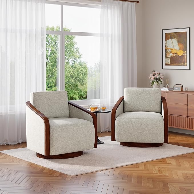 UIXE Swivel Barrel Chair Chenille Accent Chairs Upholstered Club Armchair for Living Room Contemporary Arm Chair Bedroom Reading Seat Nook Single Sofa with Back Pillow - Beige Brown