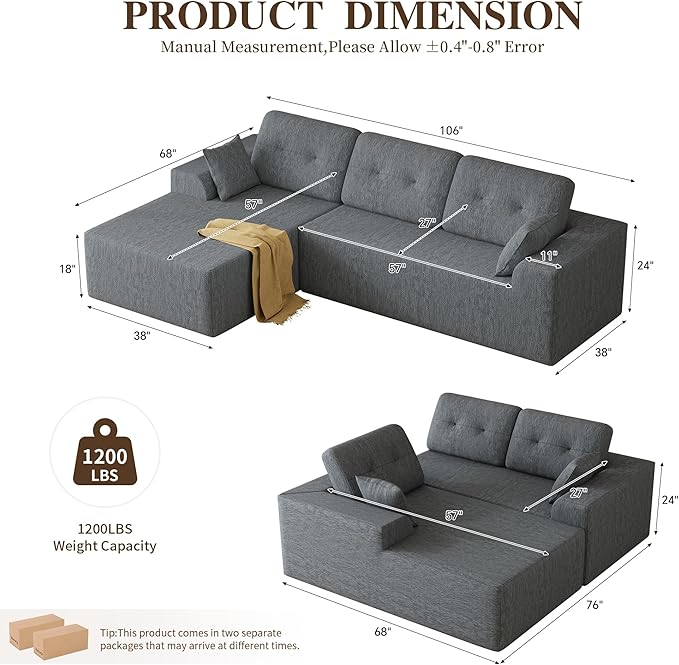 Ball &amp Cast 106 Boneless Sectional Sofa Chenille Modular L Shaped Couch with Deep Seat Chaise Cloud Style Oversized Sectional Couch for Living Room No Assembly Left Facing Grey