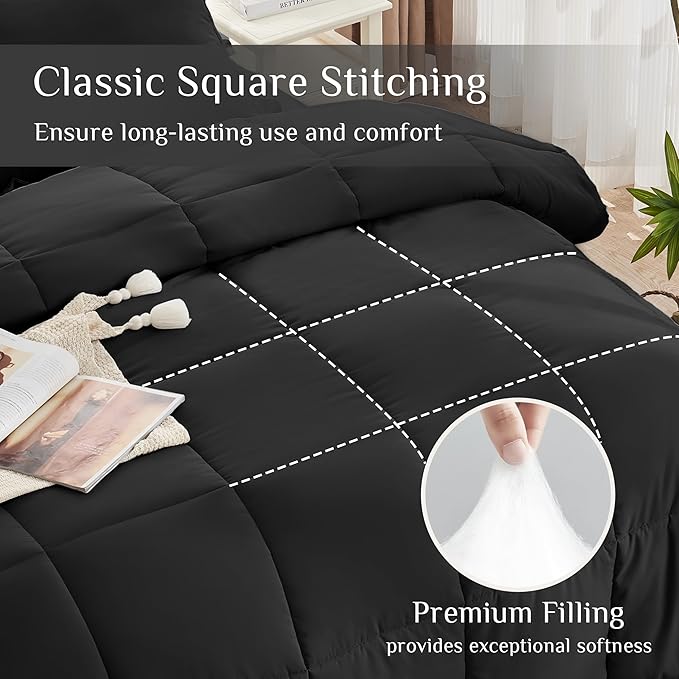 JOLLYVOGUE Oversized King Comforter Set Ultra-Soft Bed in a Bag Oversized King Size 7 Pieces Oeko-TEX Certified Bedding Set with Down Alternative Comforter Sheets Pillowcases &amp Shams Black
