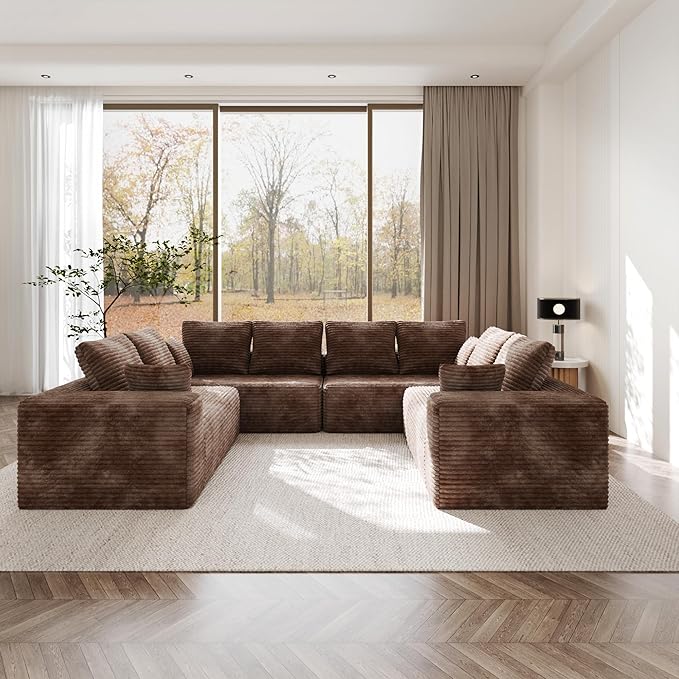 134 Inch Oversized Boneless Sofa Bed Fluffy Corduroy Sleeper Sofa for Apartment Bedroom Living Room Comfy Modular Cloud Sectional Couch Boneless Couch No Assembly Brown