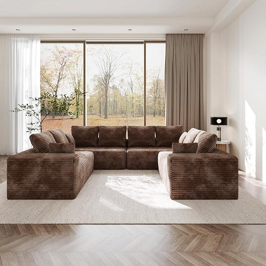 134 Inch Oversized Boneless Sofa Bed Fluffy Corduroy Sleeper Sofa for Apartment Bedroom Living Room Comfy Modular Cloud Sectional Couch Boneless Couch No Assembly Brown