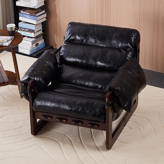Furnilivng Modern Lounge Accent Chair Comfortable Oil Waxed Leather Arm Chair with Sturdy Wood Frame Upholstered Cozy Sofa Chair for Living Room Bedroom Dressing Room Home Office Black