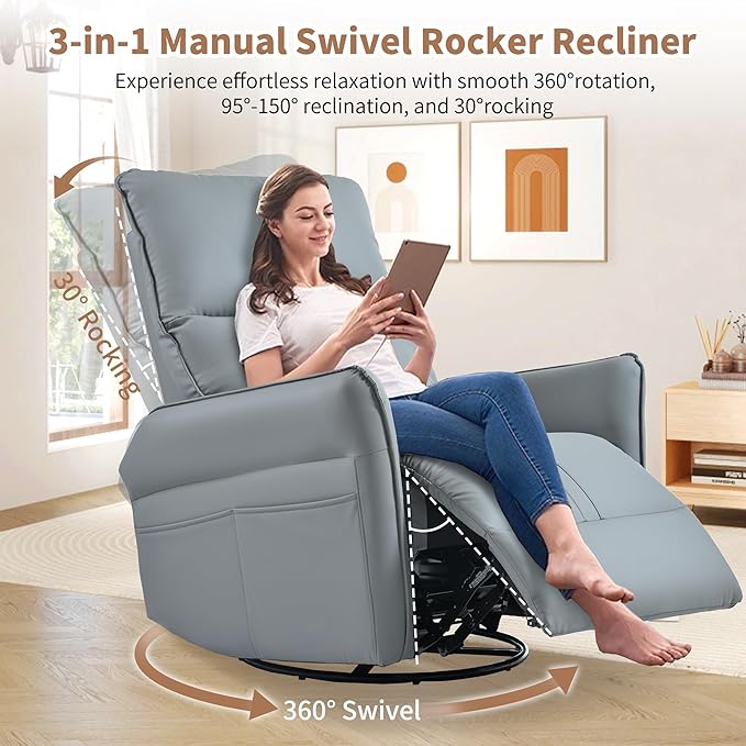 270° Power Swivel Rocker Recliner Chair for Adults – Electric Reclining Small Sofa Chair with Smooth Rocking &amp Rotation Comfortable Single Recliner for Living Room Bedroom (Blue)