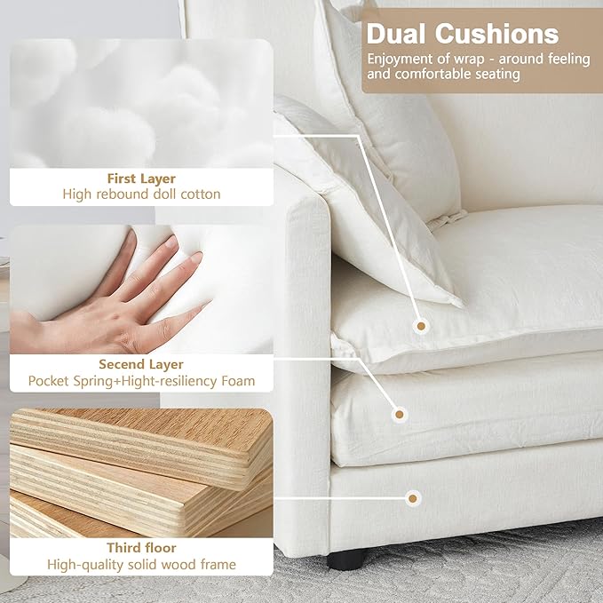 Modular Sectional Sofa 111.5 Inch I-Shaped Cloud Sofa with Deep Seat Chenille Sofa with Cushions Three-Self Sectional Sofa for Living Room ApartmentWhite