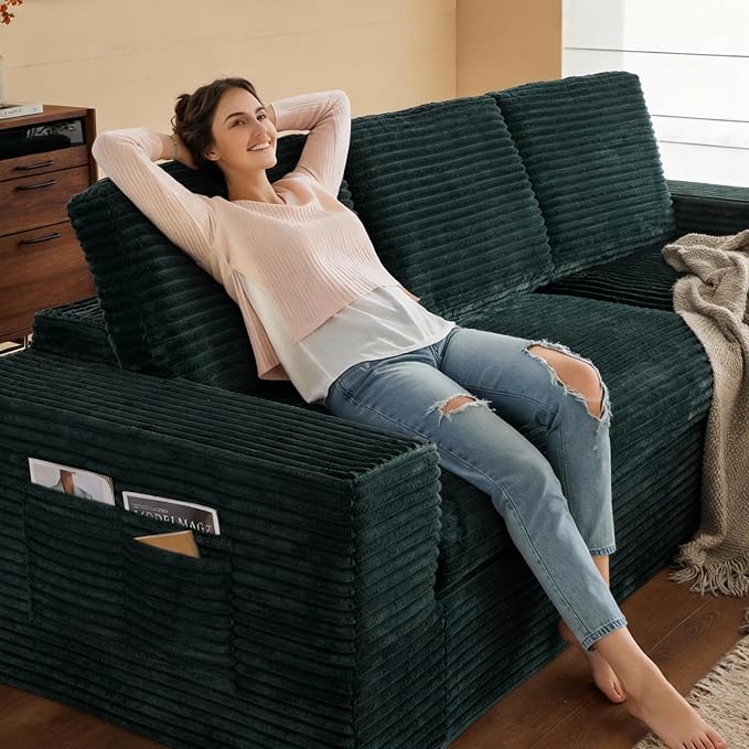115 Modular Sectional Couch with Chaise Cloud Couch Deep Seat Fluffy Corduroy Sofa Memory Foam Boneless Couches for Living Room Bedroom No Assembly Required (Green 115 Right Chaise)