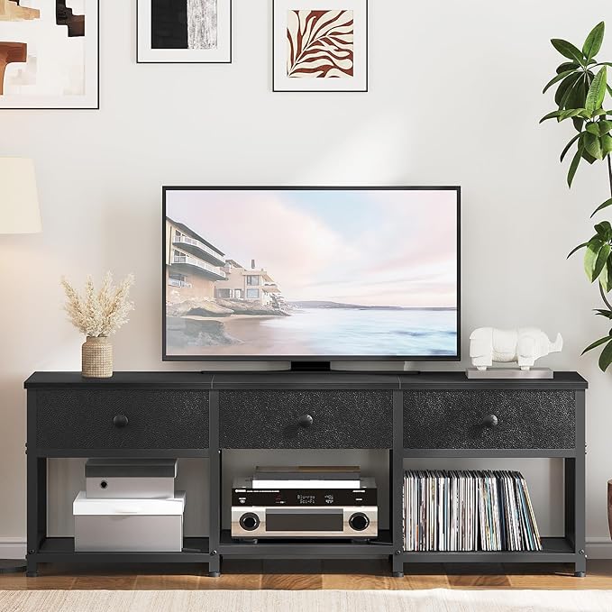 TV Stand with 3 Fabric Drawers for up to 50 Inch TV 47.2 Industrial Media Console Entertainment Center with Shelves for Living Room Bedroom Home Office Black DS12BB