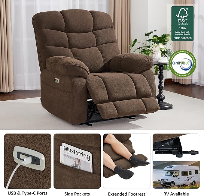 MCombo 27'' Oversized Recliner Power Recliner Chair for Big and Tall Zero Gravity Recliner with USB Charge Ports Side Pockets for Living Room Fabric PR677 (Coffee)