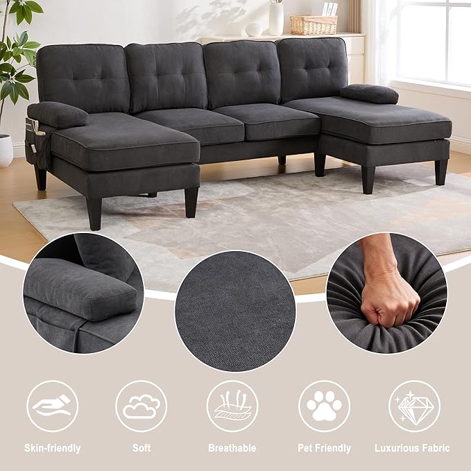 100'' U-Shaped Sectional Sofa with Double Chaise Minimalist 4-Seater Couch with 2 Pillows Sofa Set with Arm &amp 2 Side Pocket for Living Room Apartment (Grey)