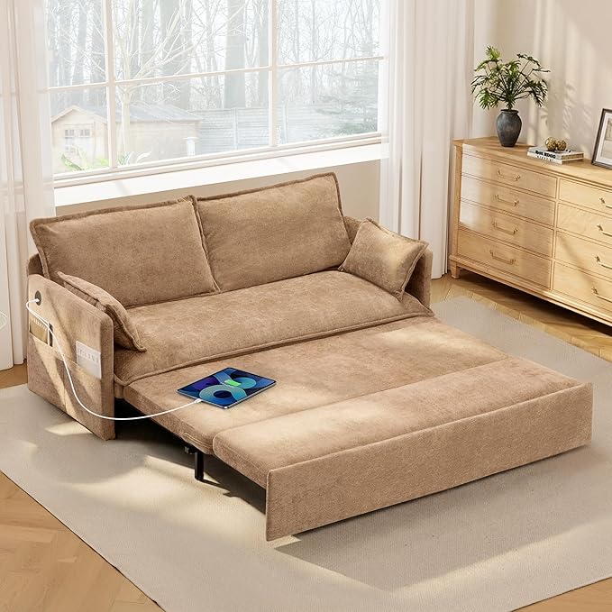 SUNWAVE 60 Queen Pull Out Sofa Bed - Convertible Sleeper Sofa Bed Chenille Loveseat Pull Out Couch with USB Charging Side Pockets for Living Room Bedroom Small Spaces (Brown 60)