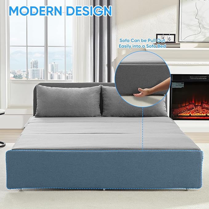 PUREMIND Queen Size Pull Out Sleeper Sofa Bed Linen Convertible Sofa Bed with Foldable Mattress Loveseat Couch Pull Out Bed with 2 Cushions for Small Place Apartment Office Light Grey