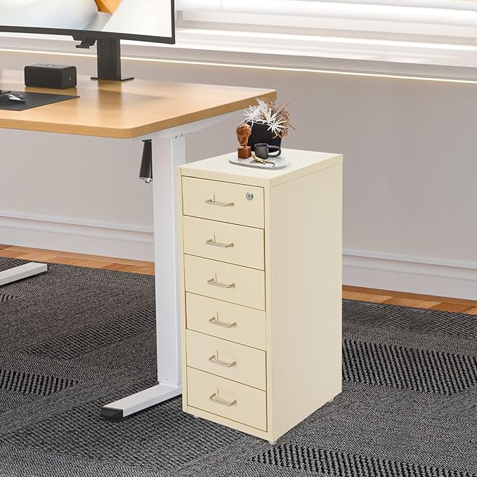 Office File Cabinet w/4 Wheels 6 Drawer Metal Small Vertical File Cabinets w/2 Lock Smooth Edges Mobile Storage Cabinet File Organizer for Home Office Living Room 11 * 16 * 27in (Beige)