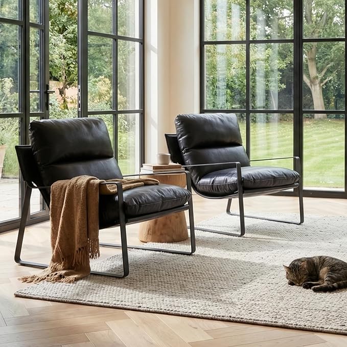 CIMOTA Modern Accent Chair Black PU Leather Upholstered Lounge Armchair with Black Metal Frame for Living Room Bedroom Office 2PCS