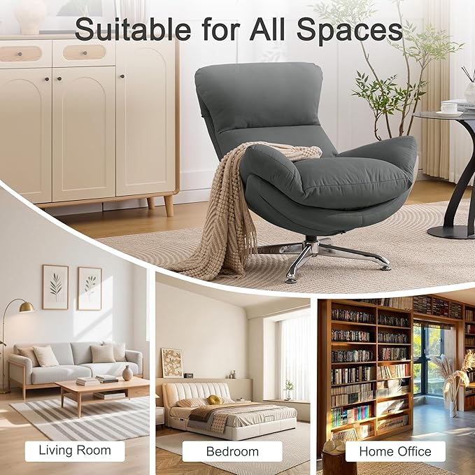 360° Swivel Oversized Accent Chairs Set of 2 Fabric Upholstered High Back &amp Thick Cushion Ergonomic Comfy Reading Lounge Sleeper Chair with Sturdy Metal Base for Living Room Bedroom Grey
