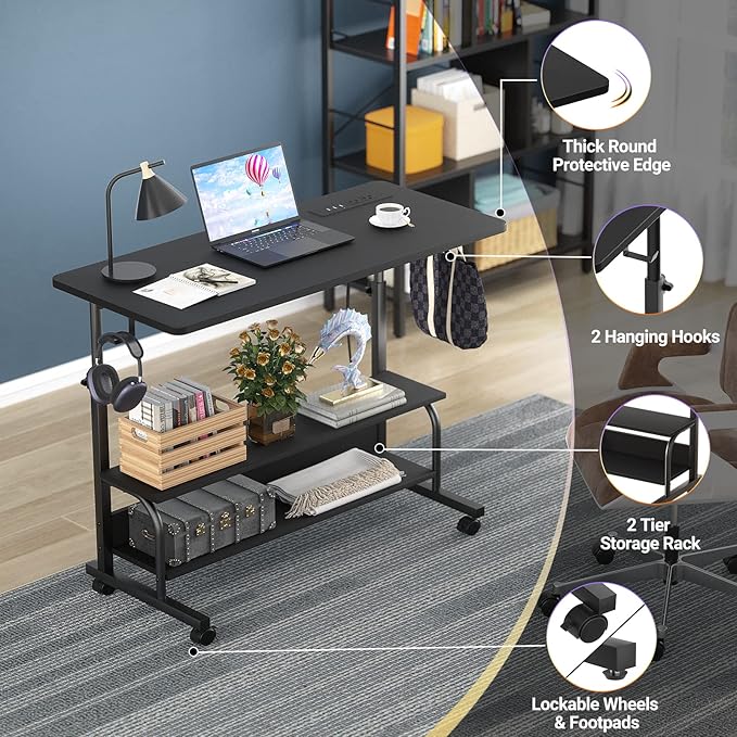 Armocity Rolling Standing Desk with Power Outlets 32 Manual Height Adjustable Mobile Computer Desk with Wheels Small Portable Sit Stand Laptop Couch Table for Bed &amp Sofa Home Office Black